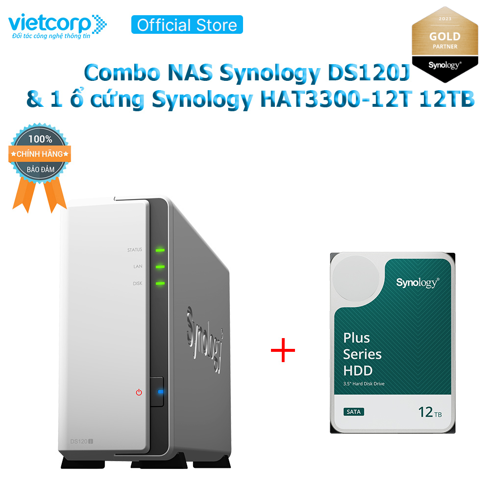 Combo Thiết bị lưu trữ NAS Synology DS120j và 1 ổ cứng HDD cho NAS Synology HAT3300-12TB Hàng chính hãng