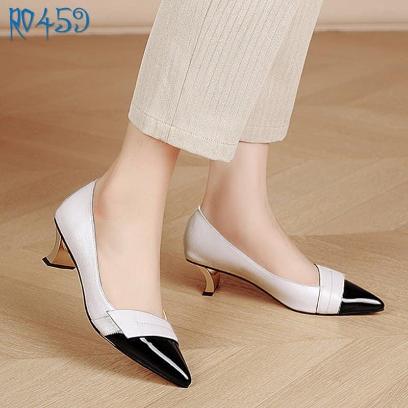 Giày nữ công sở mũi nhọn da vân, gót dẹt ROSATA RO459 - 5p - Đen, Trắng - HÀNG VIỆT NAM - BKSTORE