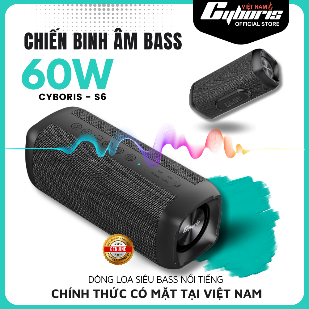 Loa Nghe Nhạc Bluetooth Cyboris S6, Loa siêu Bass, Công suất 60W, Chống nước IPX7, Pin 6600mAh. Hàng Chính Hãng