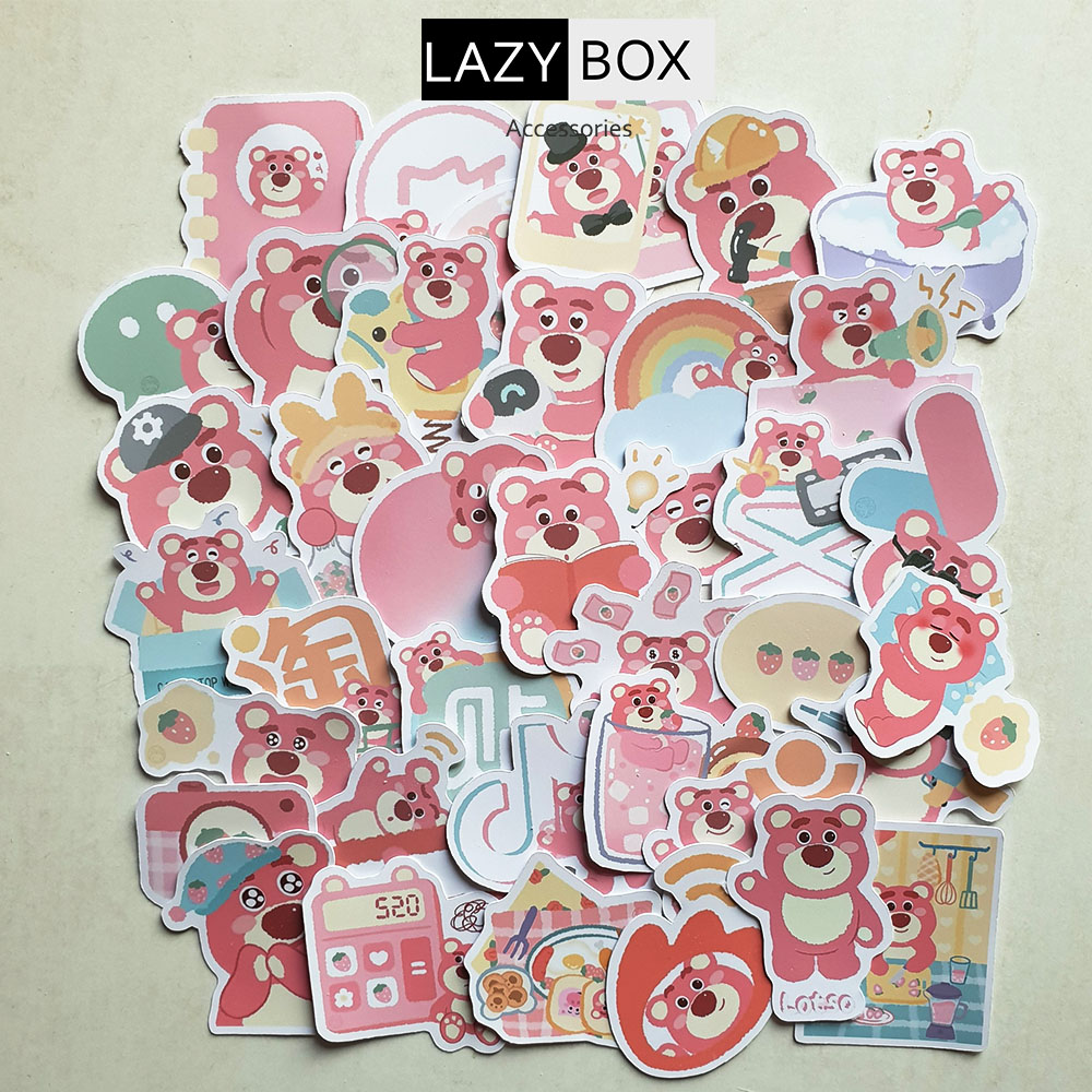 Sticker hình dán Gấu dâu lotso tông màu pastel dễ thương cute, pastel trang trí mũ bảo hiểm, dán Laptop, journal, sổ tay