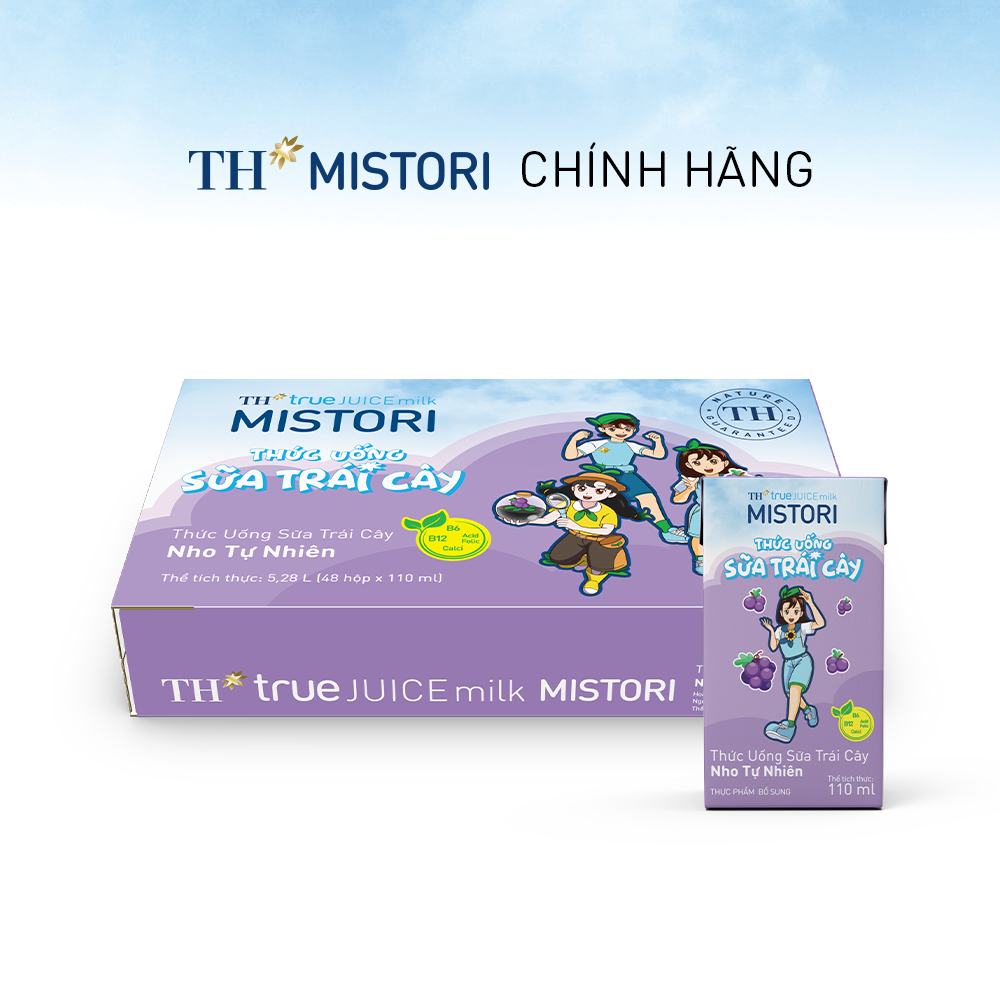 Thùng 48 hộp thức uống Sữa trái cây Nho tự nhiên TH true JUICE milk MISTORI 110ml x48 hộp