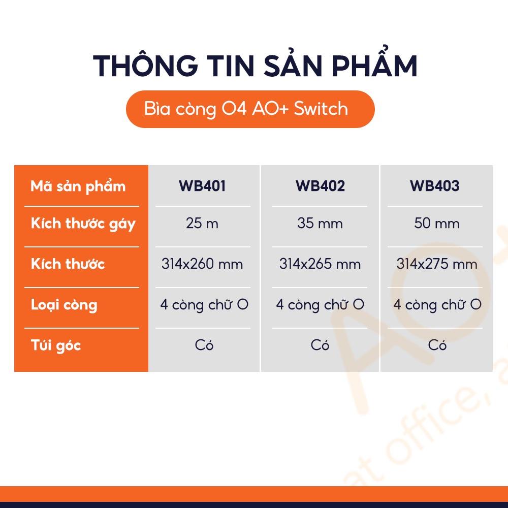 Bìa Còng O4 Switch ON AO+, Nhựa PP/ A4, 4 Nhẫn O