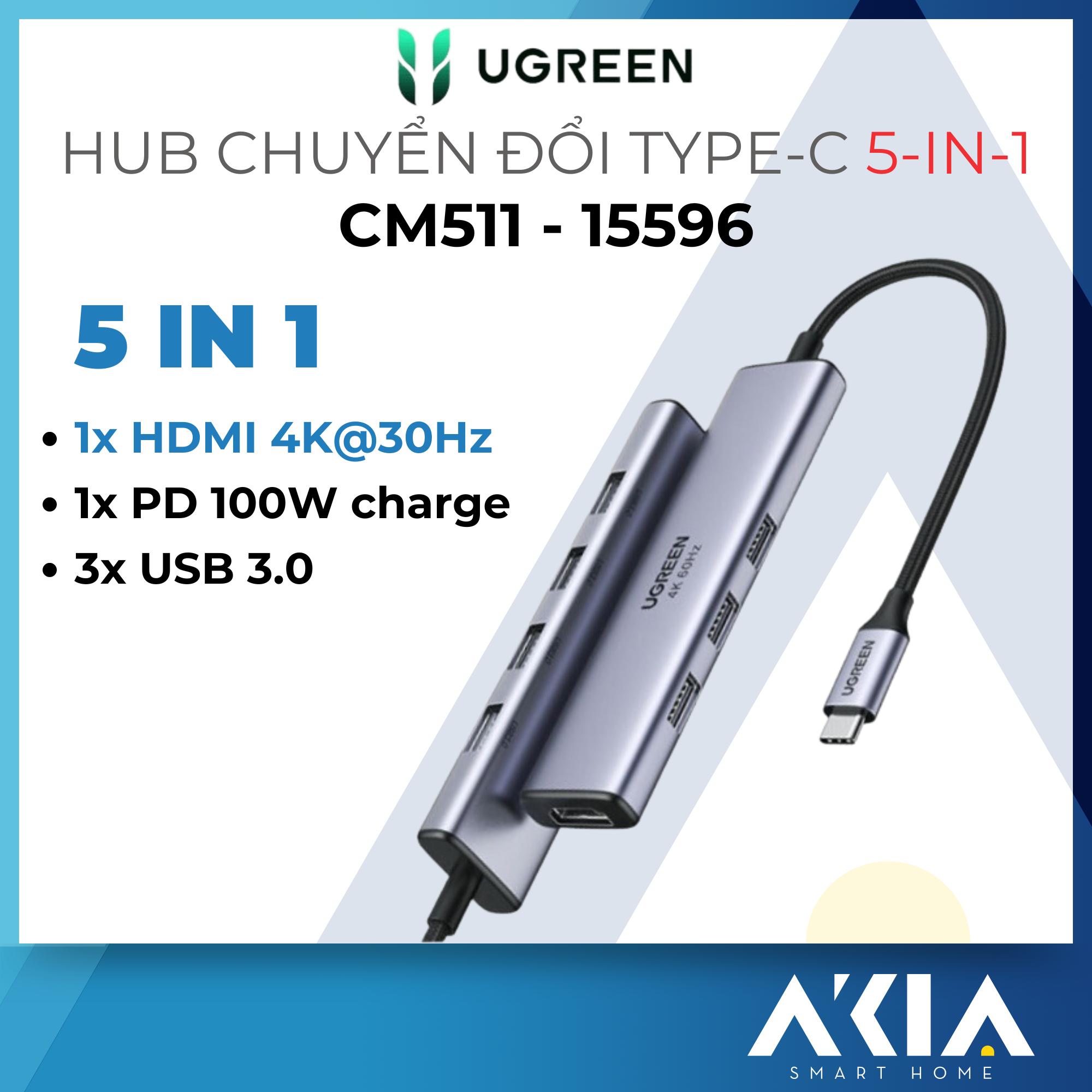 Hub Ugreen USB Type C 5-in-1 CM511 - Có cổng HDMI 4K, Hỗ trợ sạc PD - 15596 - Hàng chính hãng