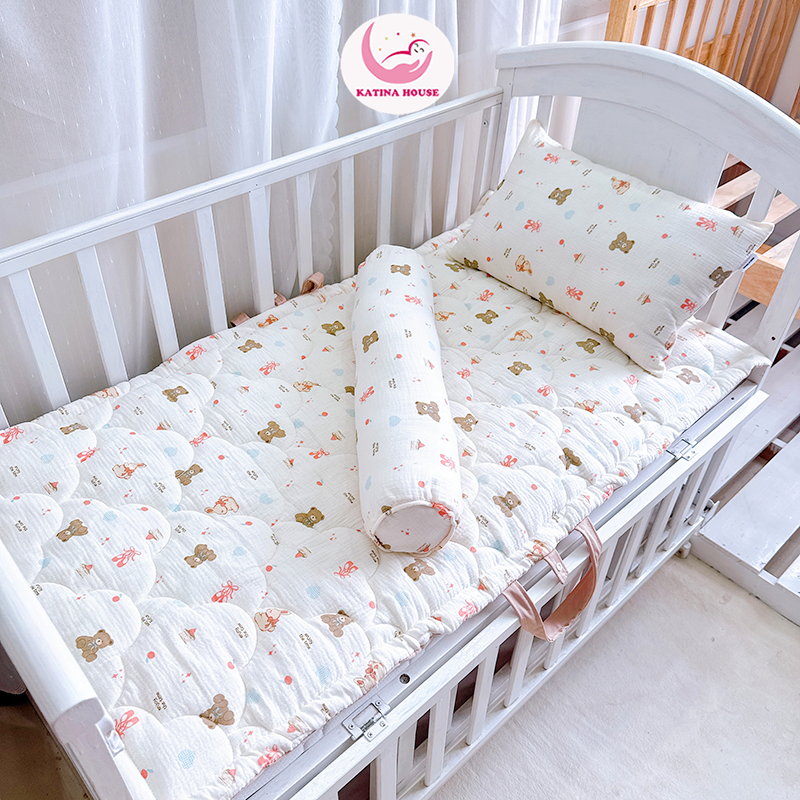 Bộ gối nệm cho bé đi học mầm non Katina House, vải muslin mềm nhẹ, thoáng khí, thấm hút tốt