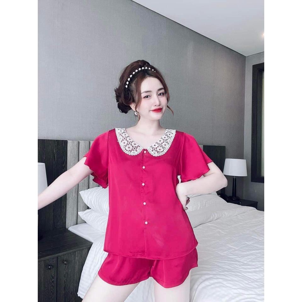 Đồ Mặc Nhà Quần Ngắn, Đồ Bộ Nữ Cổ Ren Tay Xòe Chất Lụa LATIN CAO CẤP, Ít Nhăn, Phom Dưới 56kg