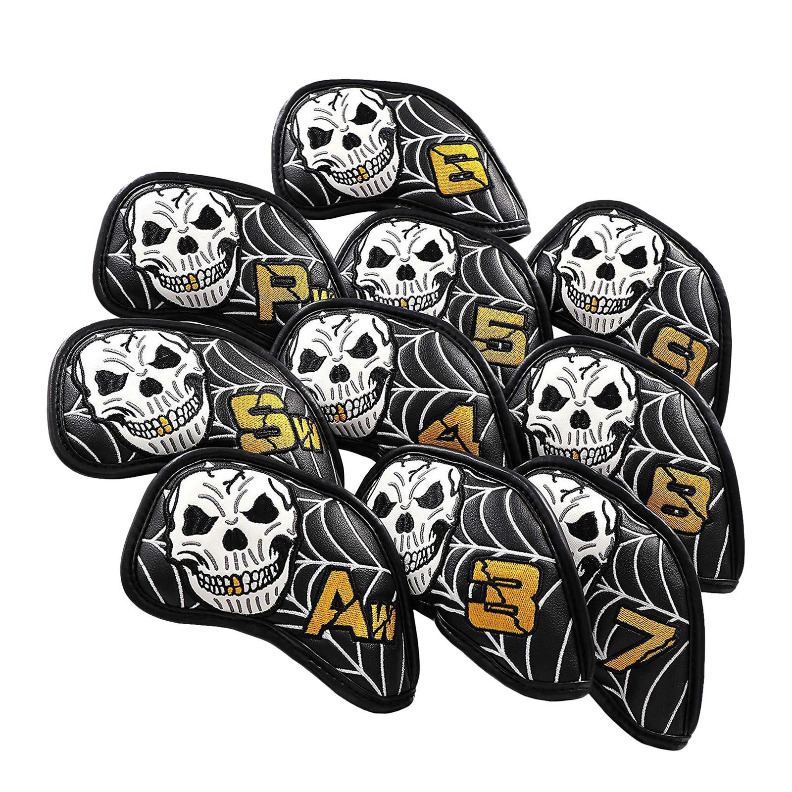 10 pcs Golf Iron Head Covers, Club Headcover Set, PU Leather Skull Pattern Golf Iron Head Covers Set Fit All Brands Irons