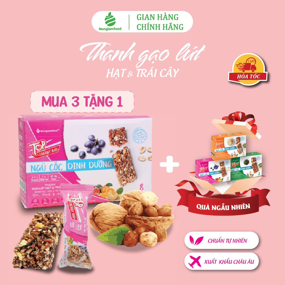 [THUẦN CHAY] Thanh năng lượng gạo lứt ngũ cốc Hạt và Trái Cây Nonglamfood hộp 8 thanh 136g