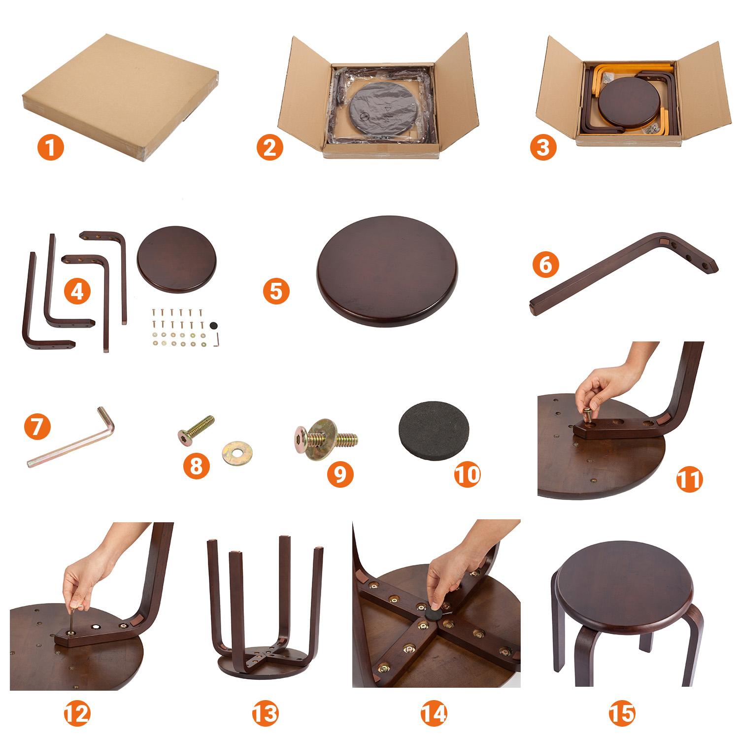 Ghế đẩu tròn bằng gỗ, thiết kế đơn giản có thể xếp chồng lên nhau, chân ghế có lớp đệm EVA chống trượt