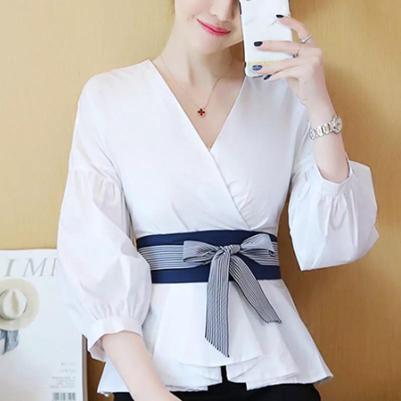 Áo Kiểu Nữ Cổ V Phối Màu