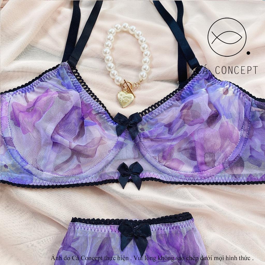 Set bra hoa Tím Lolita nữ CÁ CONCEPT đồ lót thiết kế bra có gọng không mút hoa nhí