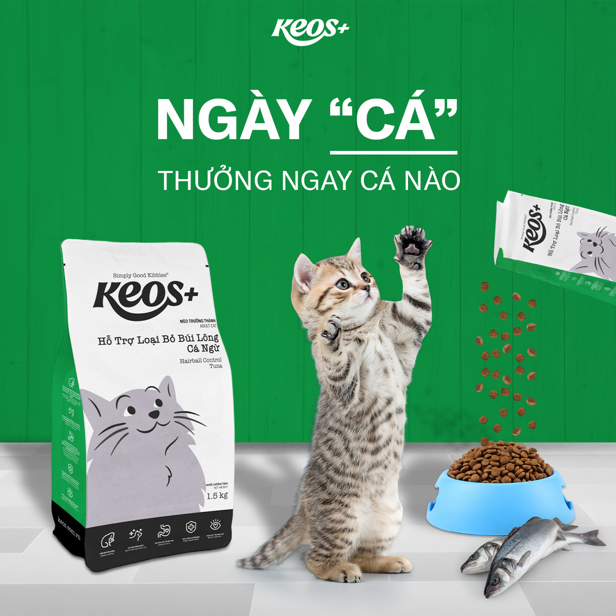 9KG Thức ăn cho mèo trưởng thành Keos Plus hỗ trợ LOẠI BỎ BÚI LÔNG - Vị cá ngừ