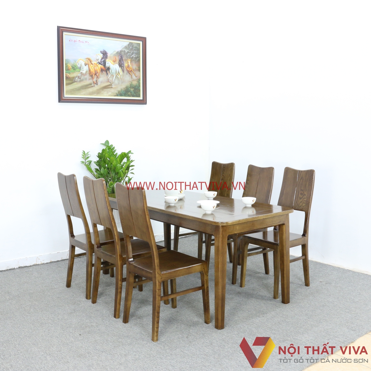 Bộ Bàn Ăn Gỗ Sồi Nga 6 Ghế Màu Óc Chó Hiện Đại Đẹp Rẻ