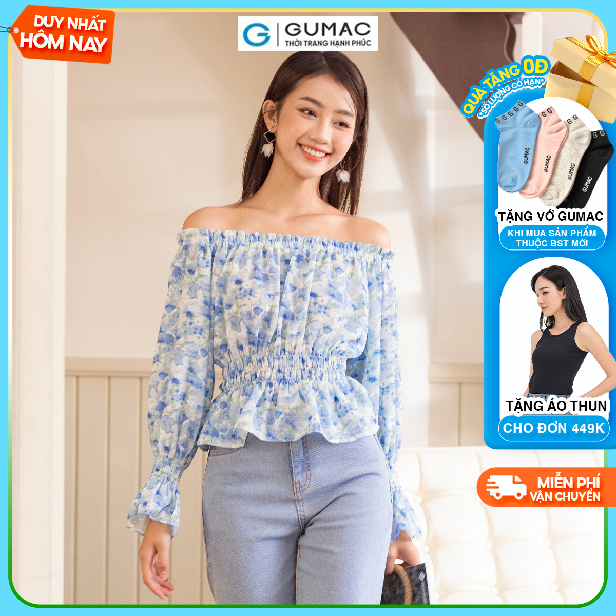 Áo kiểu hoa trễ vai thời trang GUMAC AD06022
