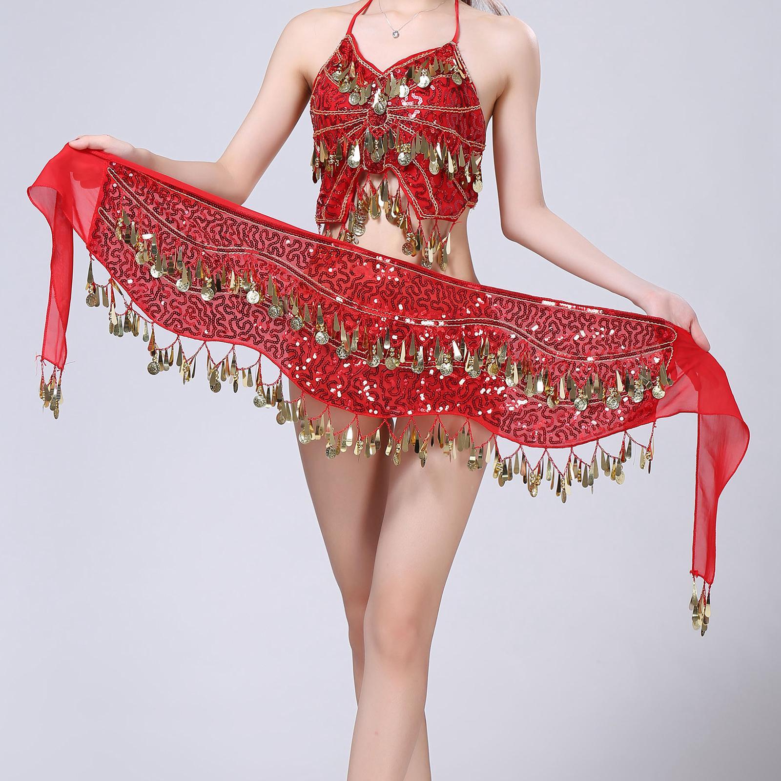 Belly Dance Hip Scarf Sequin Dance Belt Tassel Coins Skirt Belt Red