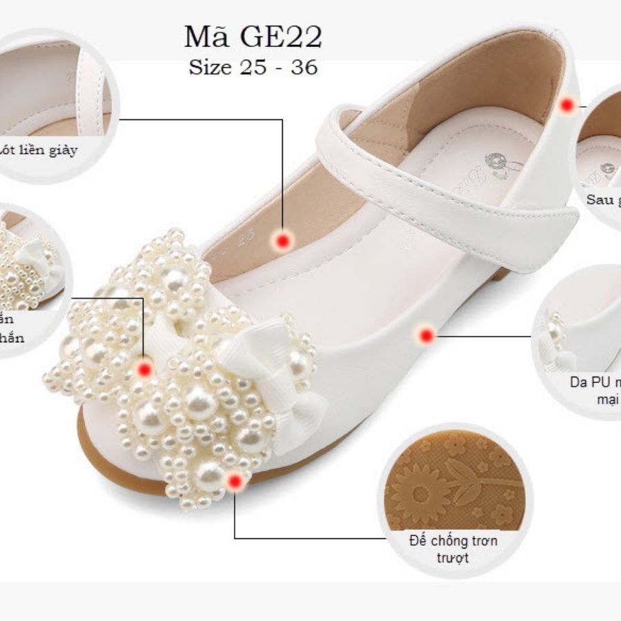 Giày búp bê bé gái 3 - 12 tuổi màu trắng da mềm đế chống trơn đi học đi chơi điệu đà và duyên dáng GE22