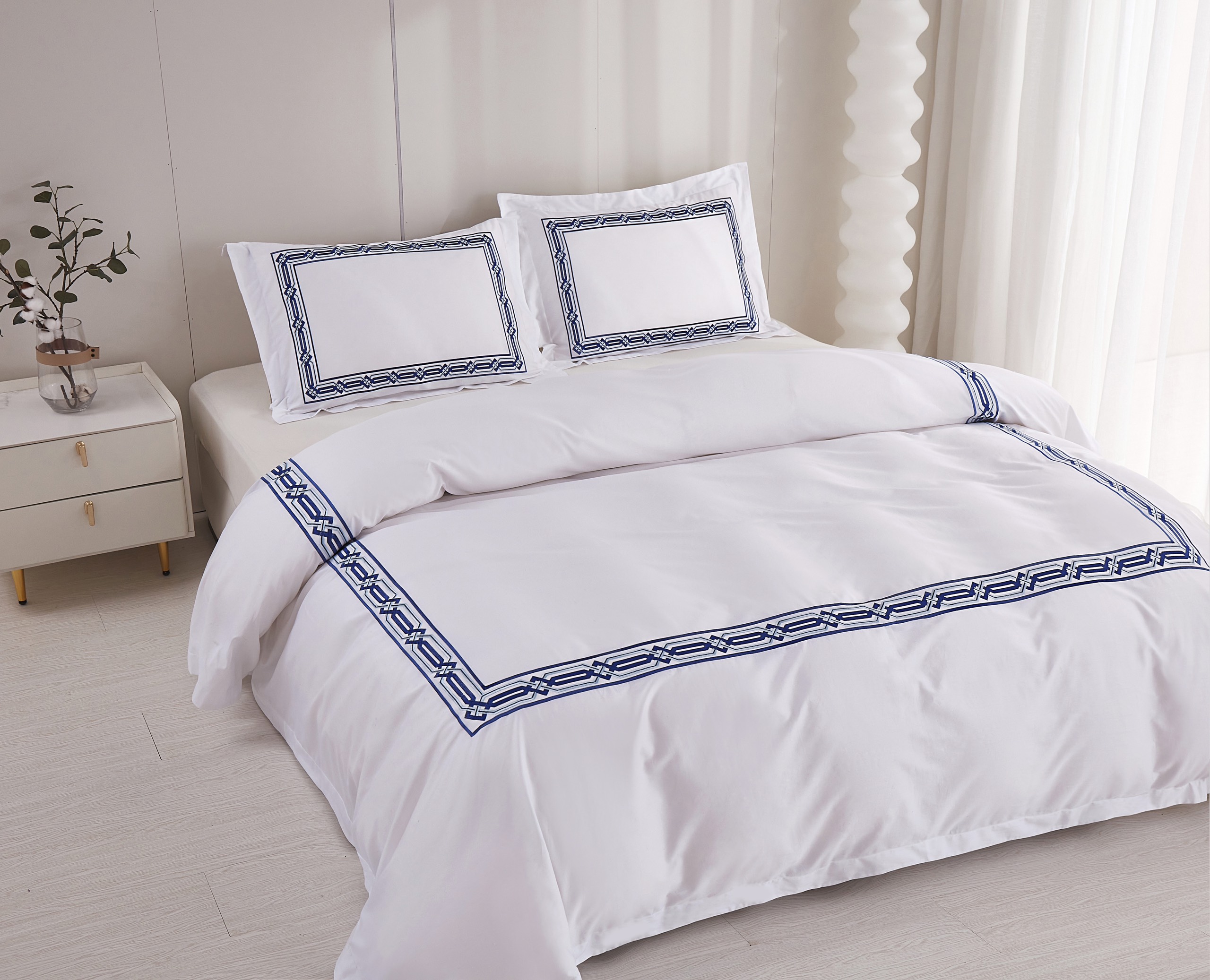 Bộ chăn ra Casa Bello Home - Set Serenity Blue Cotton lụa satin thêu họa tiết thêu 5 món