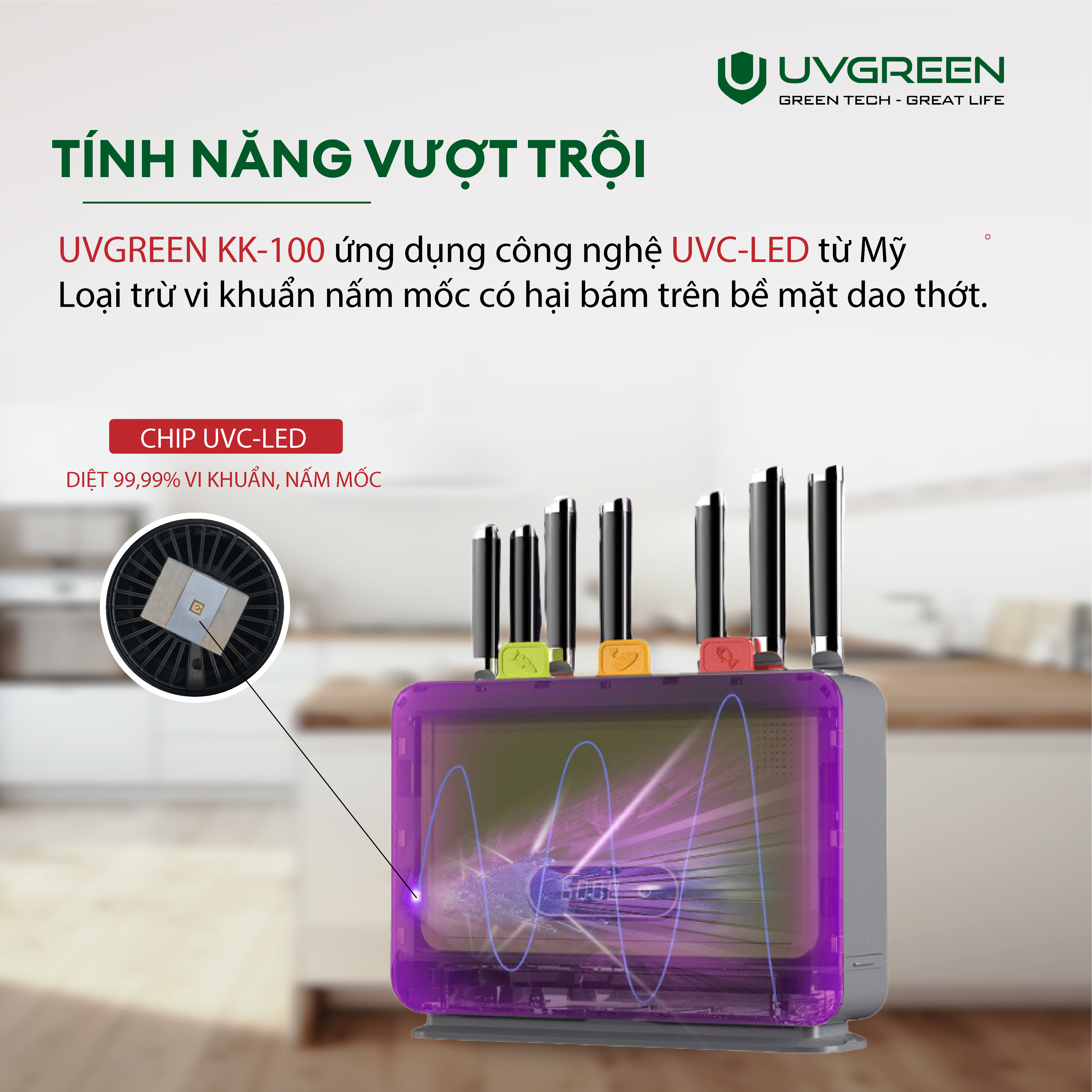 Máy tiệt trùng sấy khô dao thớt UVGREEN KK100 - HÀNG CHÍNH HÃNG - Sấy Khô 70’C - Khử khuẩn UVC 99.99% - Công Nghệ Mỹ - Bảo Hành 12 Tháng