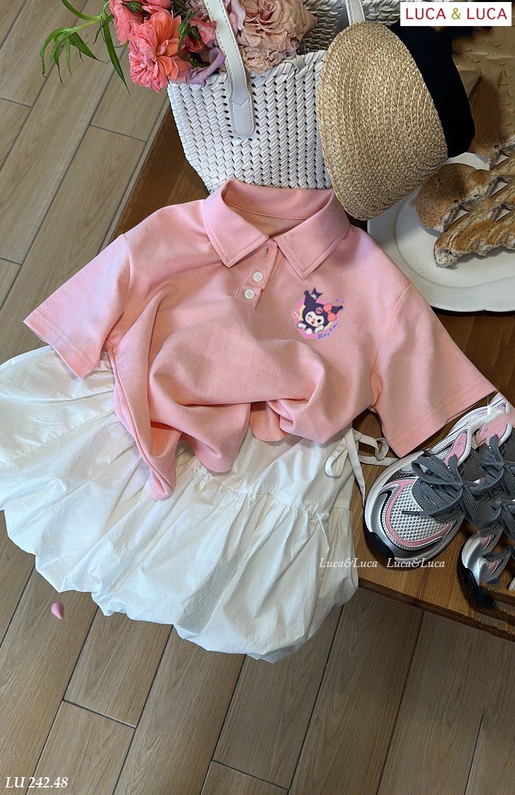 [Từ 1 đến 12 tuổi] Sét áo polo cotton hồng in  mix chân váy boom chất cotton bé gái đến 45kg
