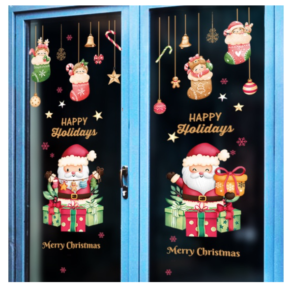 Decal dán tường trang trí - 2 ông già noel ngồi trên hộp quà dễ thương