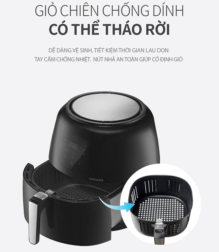 Nồi Chiên Không Dầu Điện Tử Lock&amp;Lock EJF296BLK (7.2 Lít) - Kèm Chảo Nướng - Hàng Chính Hãng