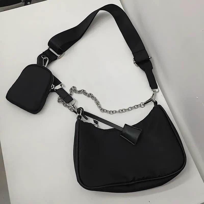 Túi đeo chéo thời trang dây xích kèm túi con đi làm vải canvas