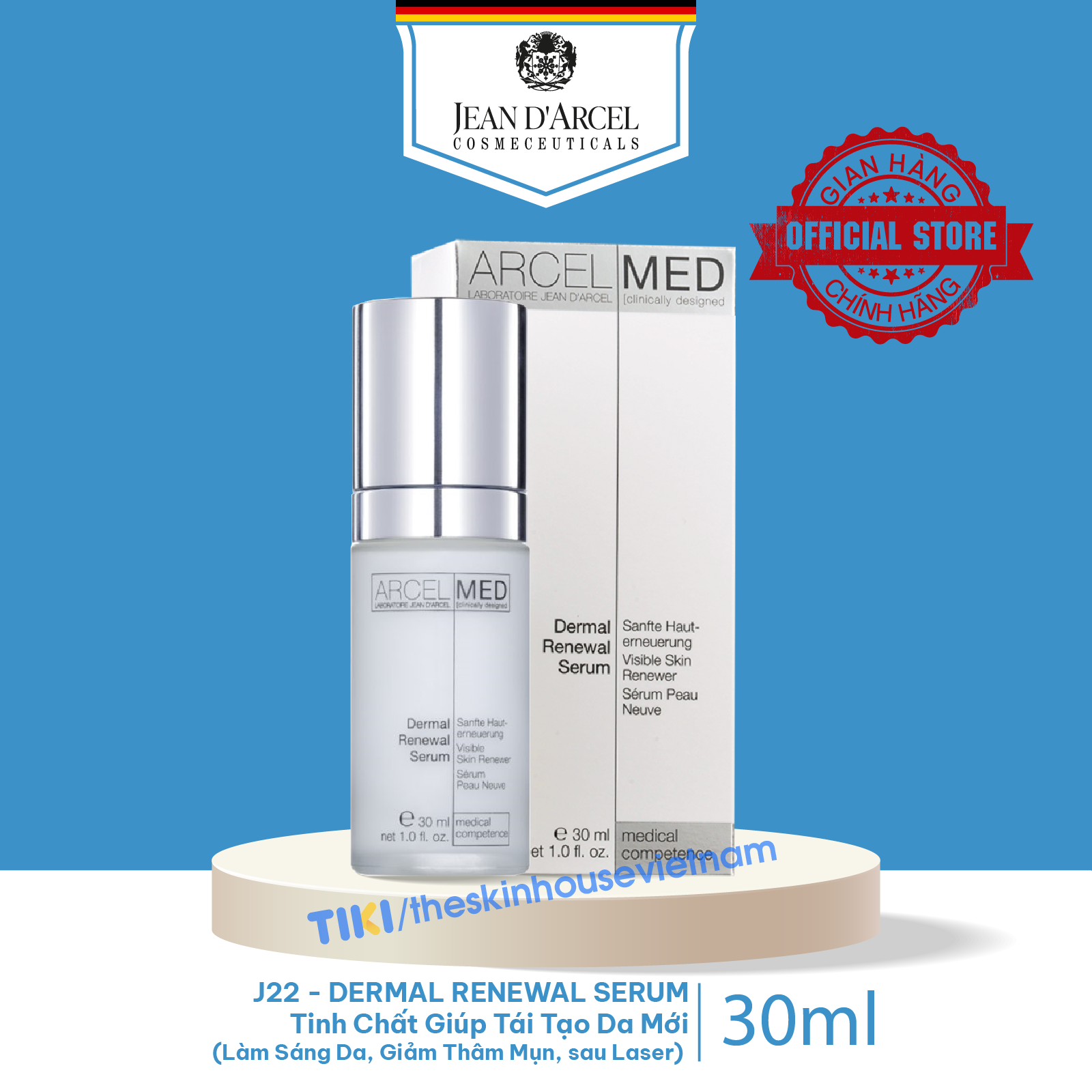 J22 Tinh chất giúp tái tạo da mới làm sáng da, giảm thâm sau mụn, sau laser – Dermal Renewal Serum 30ml – Jean dArcel