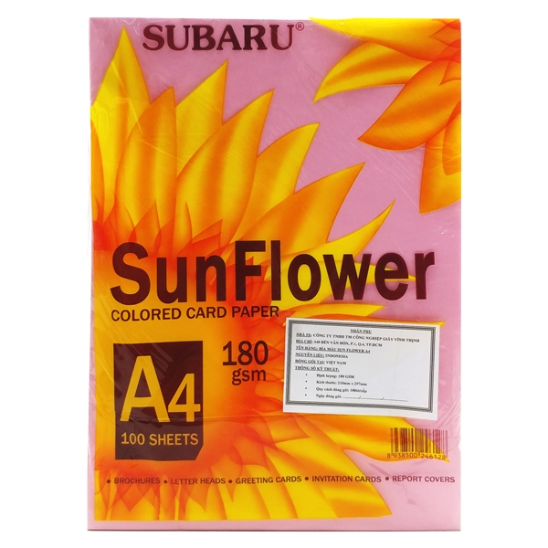 Bìa Giấy Màu Sunflower A4 ĐL180 - Màu Hồng (100 Tờ)