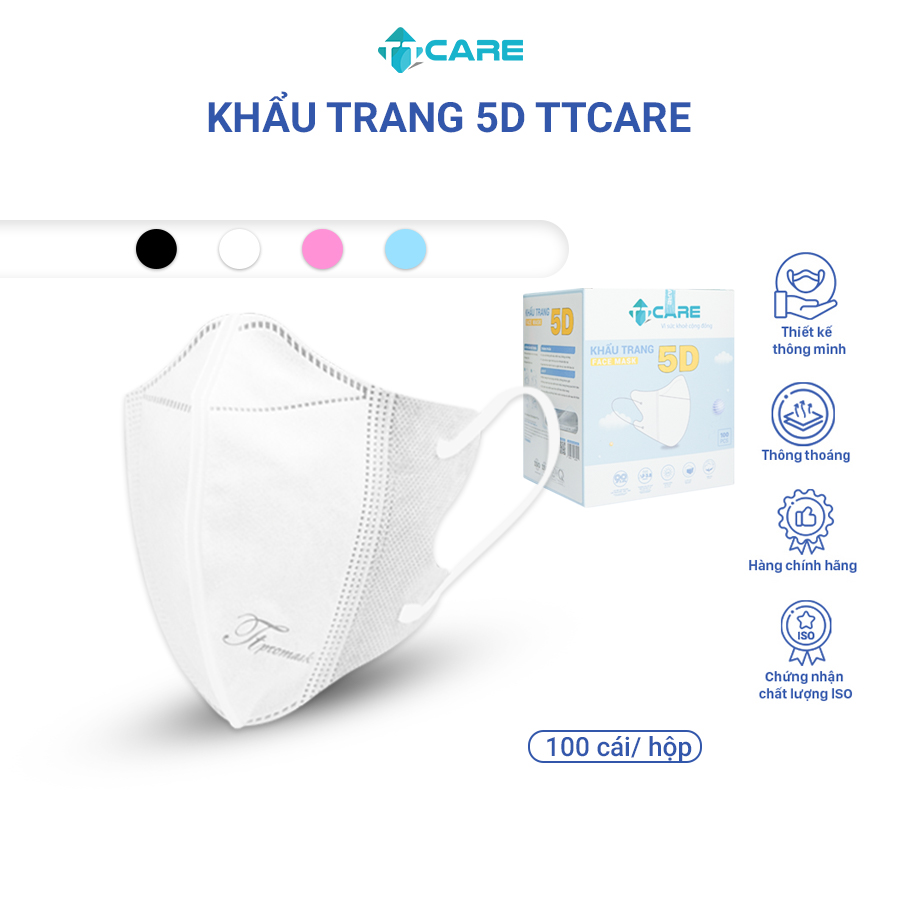 Khẩu trang y tế 5D TTcare unisex thời trang an toàn sức khỏe đạt chuẩn Bộ Y tế hộp 100 cái - Hàng chính hãng