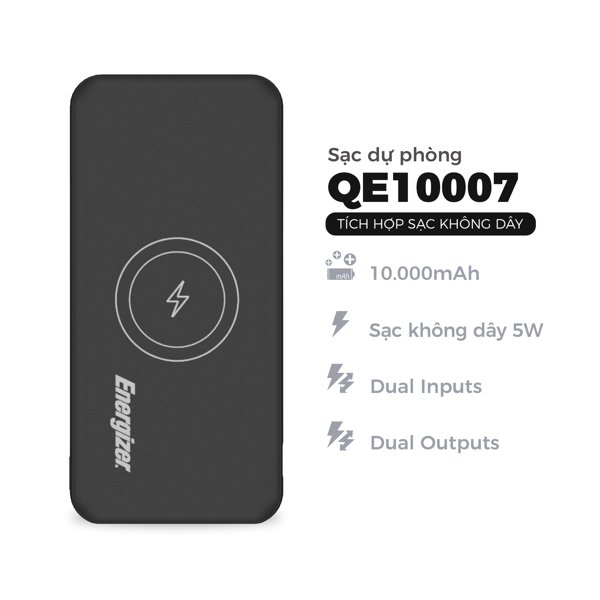 Sạc dự phòng Energizer 10,000mAh /3.7V Li-Polymer - QE10007 - tích hợp sạc không dây Qi 5W - Hàng chính hãng