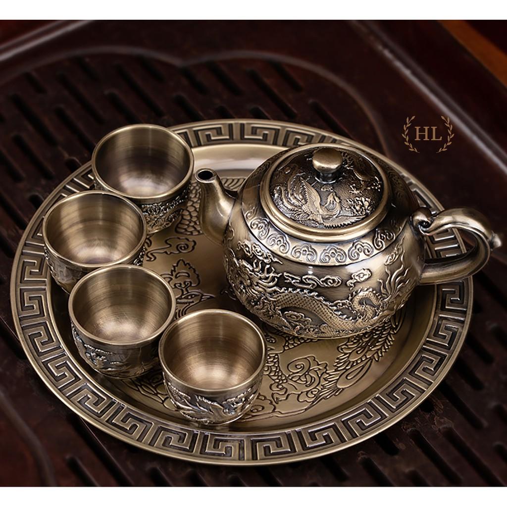 Bộ ấm trà đồng Long Phụng Sum Vầy | Bộ ấm chén 6 ly cao cấp hoa văn họa tiết Long Phụng phú quý đại cát