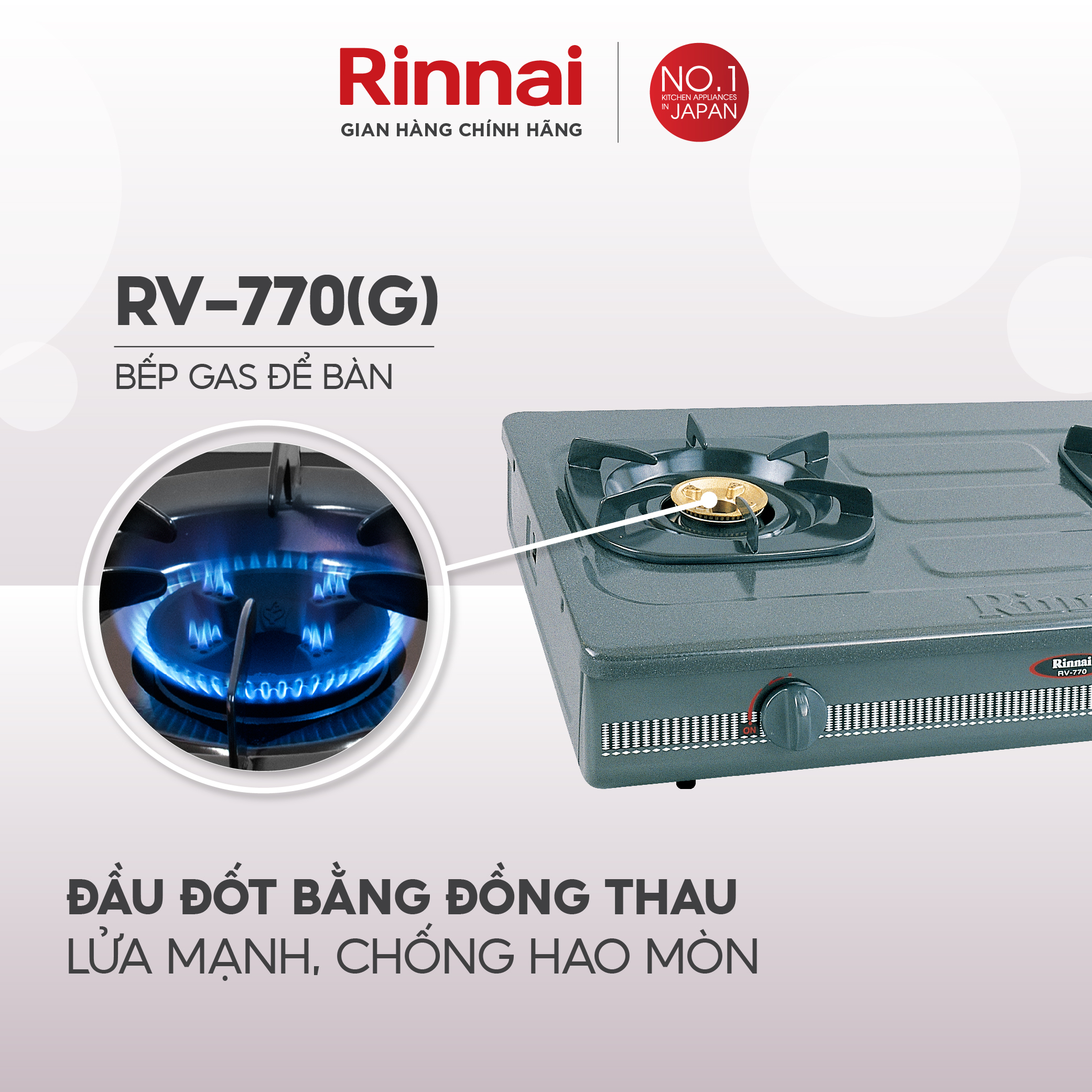 Bếp gas dương Rinnai RV-770(G) mặt bếp men và kiềng bếp men - Hàng chính hãng.