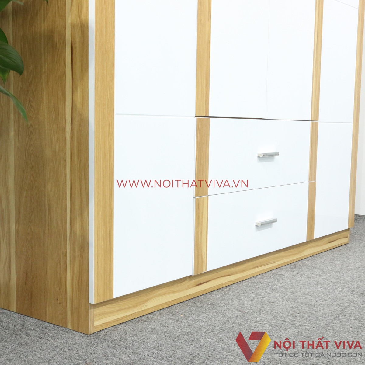 Tủ Áo 4 Cánh Cửa Mở 1m6x2M Gỗ MDF Melamine Màu Sọc Vàng Cánh Trắng