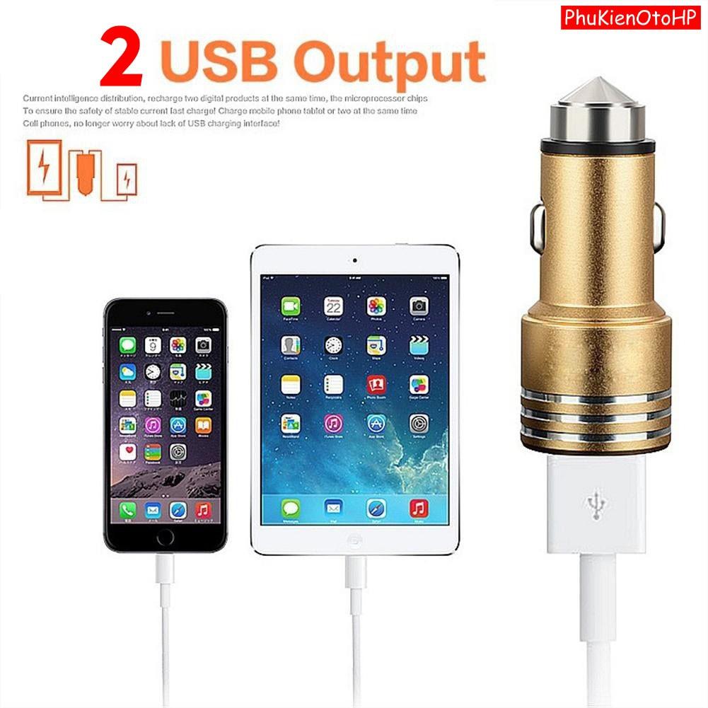 Tẩu Sạc Nhanh 2 USB 3.1A Trên Xe Hơi, Ô Tô Kiêm Búa Phá Kính Thoát Hiểm