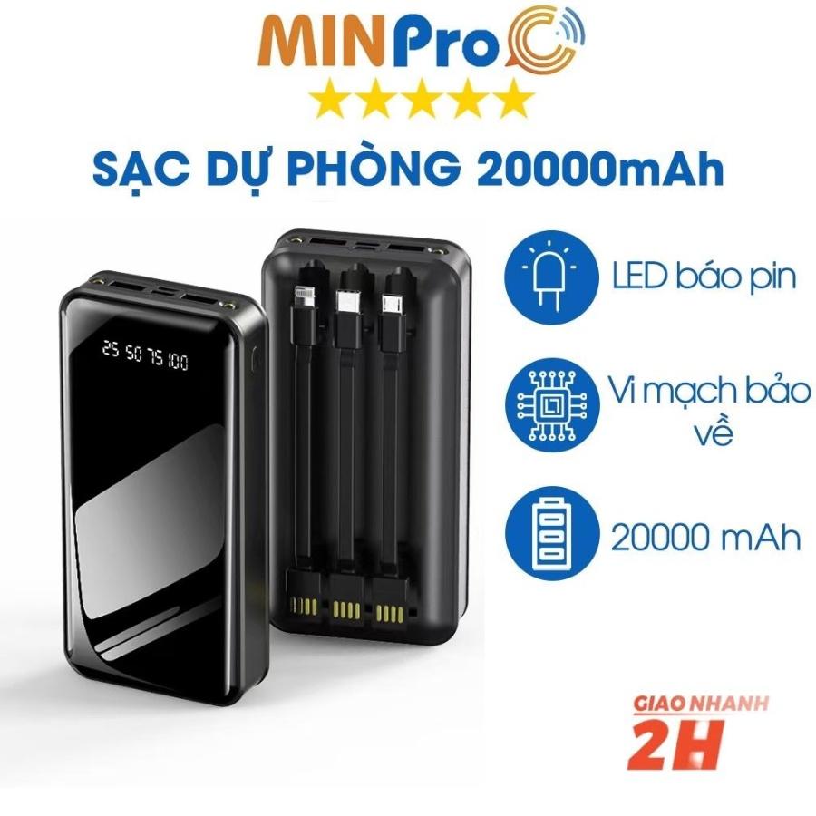 Pin sạc dự phòng 20000mAh hình chữ nhật mini, nhỏ gọn, tặng kèm dây cáp 3 đầu và có miếng đỡ điện thoại - MINPRO