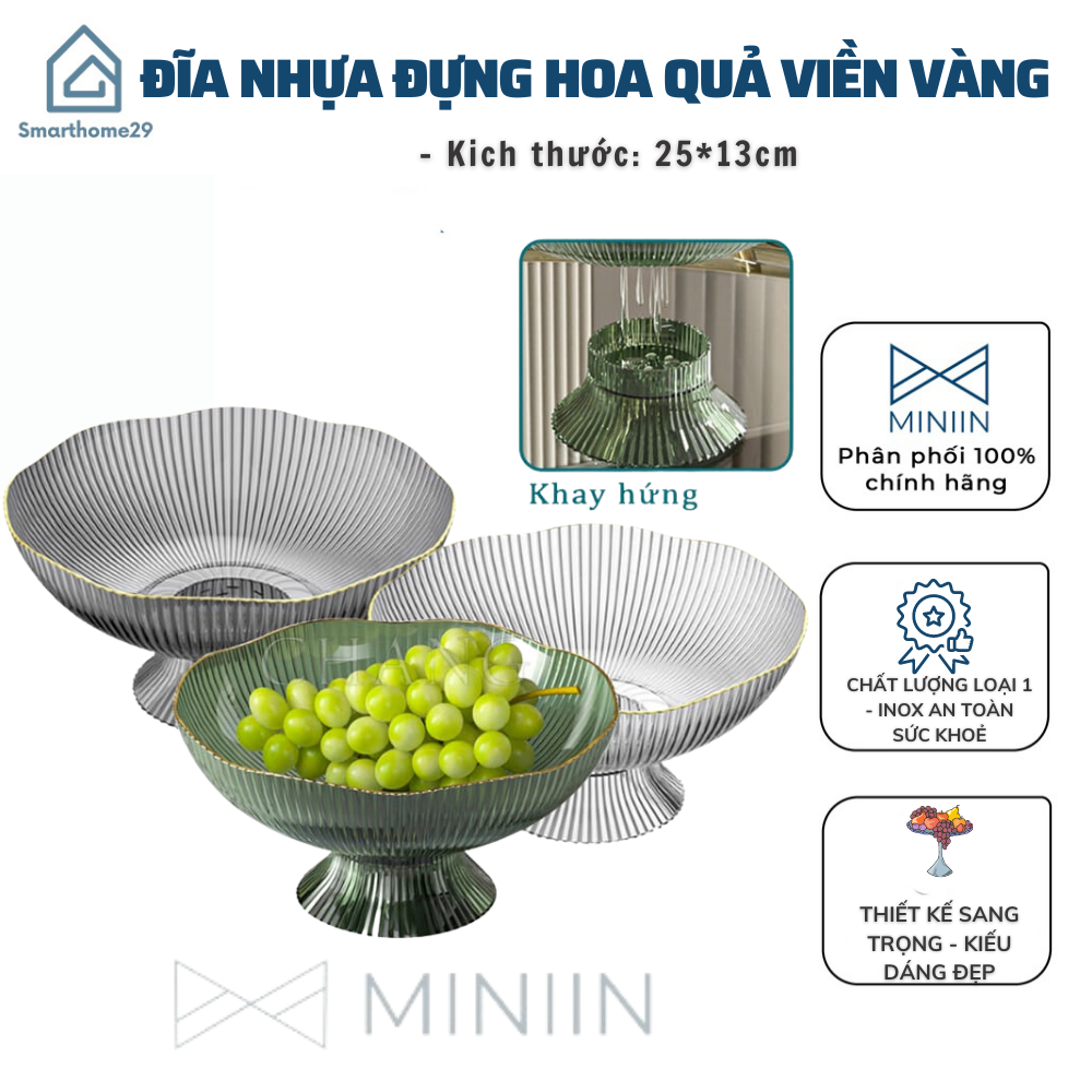 Đĩa Nhựa Đựng Hoa Quả Viền Mạ Vàng Sang Trọng, Khay Đựng Hoa Quả, Bánh Kẹo Có Chân Đế Chắc Chắn, Chịu Lực Tốt - HÀNG CHÍNH HÃNG MINIIN