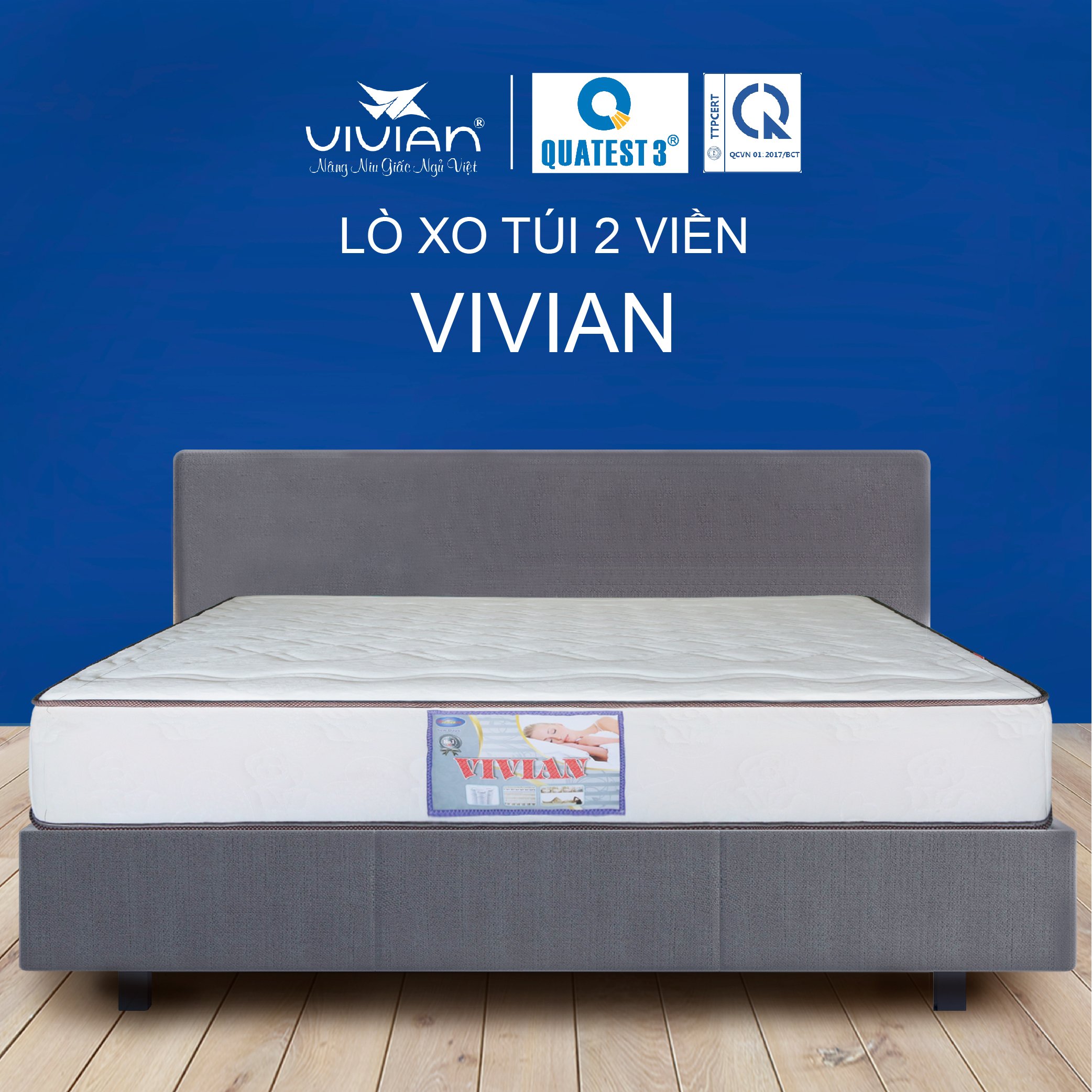Nệm Lò Xo Túi VIVIAN 2 Viền - Hệ thống khung và các lò xo thép bền chắc không gỉ - Vải Gấm Damask Dệt Kim Cao Cấp - Trắng Chần Hoa Văn Ngẫu Nhiên