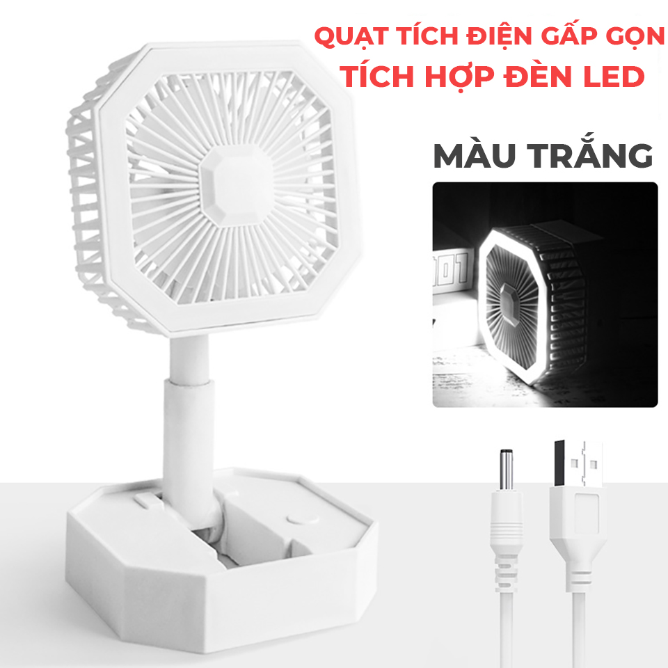 Quạt Mini Tích Điện Gấp Gọn Để Bàn Siêu Mát Tích Hợp Đèn Led Xoay 180 Độ, Sạc USB - Màu Trắng