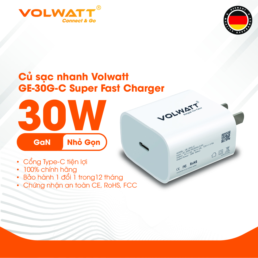 Củ sạc nhanh  Volwatt GE-30G-C Super Fast Charger dùng cho iPhone/ Samsung/ OPPO... (30W, Type C, PD/ QC3.0 Quick charger) - Hàng chính hãng - Bảo hành 12 tháng