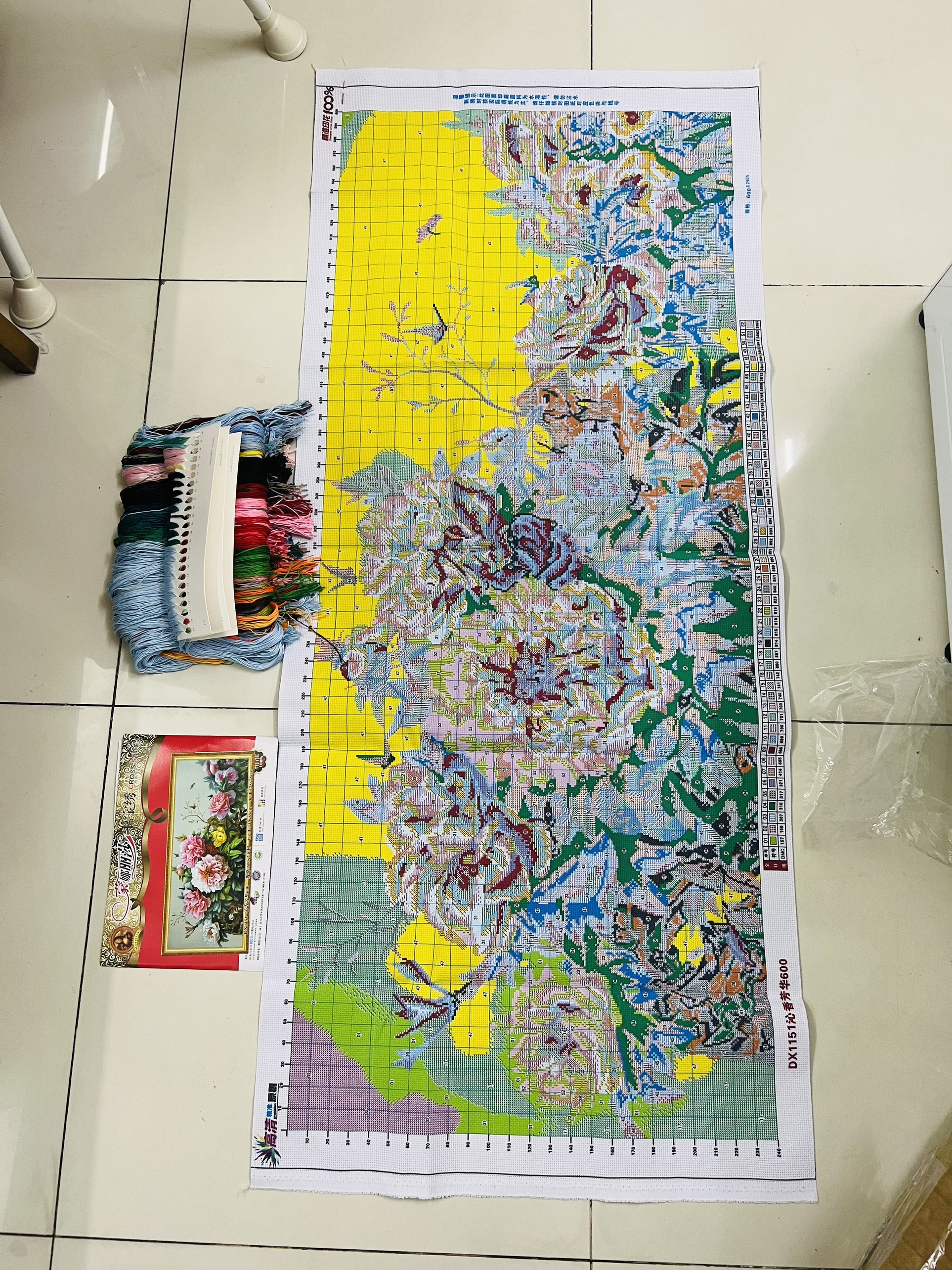 Tranh thêu chữ thập, tranh thêu kín Hoa mẫu đơn DX1151, kích thước 149 x 65 cm