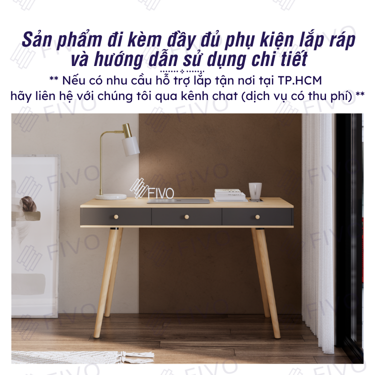 Bàn Làm Việc Gỗ FD02 FIVO Có Hộc Tủ, Dễ Dàng Lắp Ráp, Ngăn Kéo Rộng Rãi Đựng Đồ Kết Hợp Chân Gỗ Chắc Chắn (Mặt hộc đen)