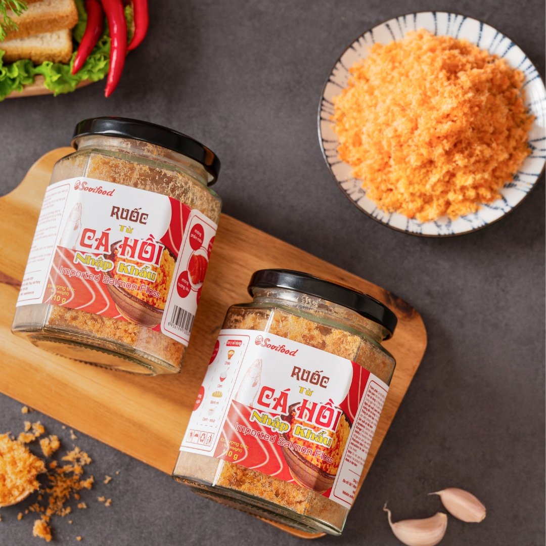 Ruốc Cá Hồi Sovifood - Không Chất Bảo Quản Hóa Học, Giàu Omega 3, DHA, Mềm Tơi Cho Bé - Lọ 110G