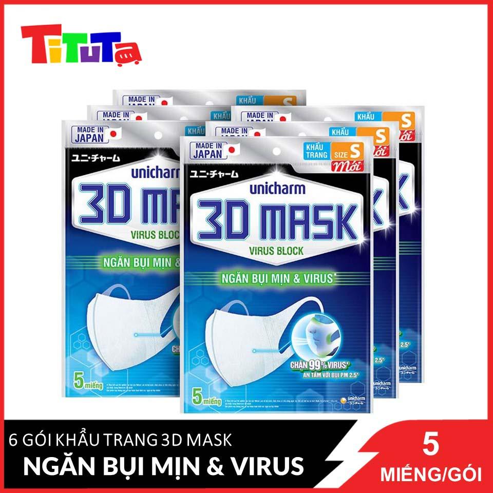 Bộ 6 Gói Khẩu Trang Ngăn Virút Unicharm 3D Mask Virus Block (5 Cái / Gói)