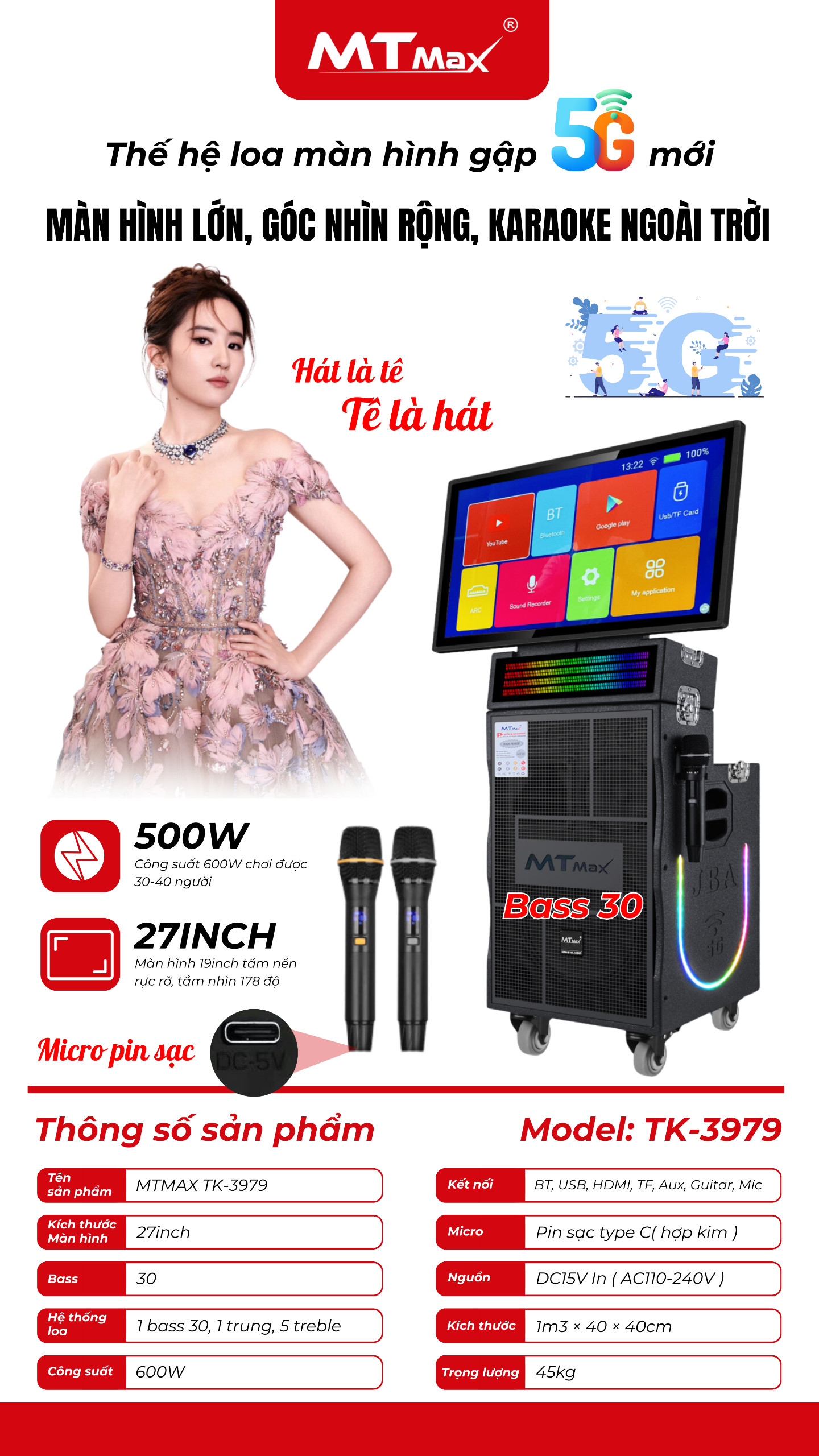 Loa Màn Hình MTMAX TK3979 Bass30 Màn Hình 27inch Góc Nhìn 178 Độ Công suất 600W Hệ Thống 7 Loa, 3 Đường Tiếng Đi Kèm Cặp Micro Kim Loại Sang Trọng Chống Hú Cao Cấp. HÀNG CHÍNH HÃNG