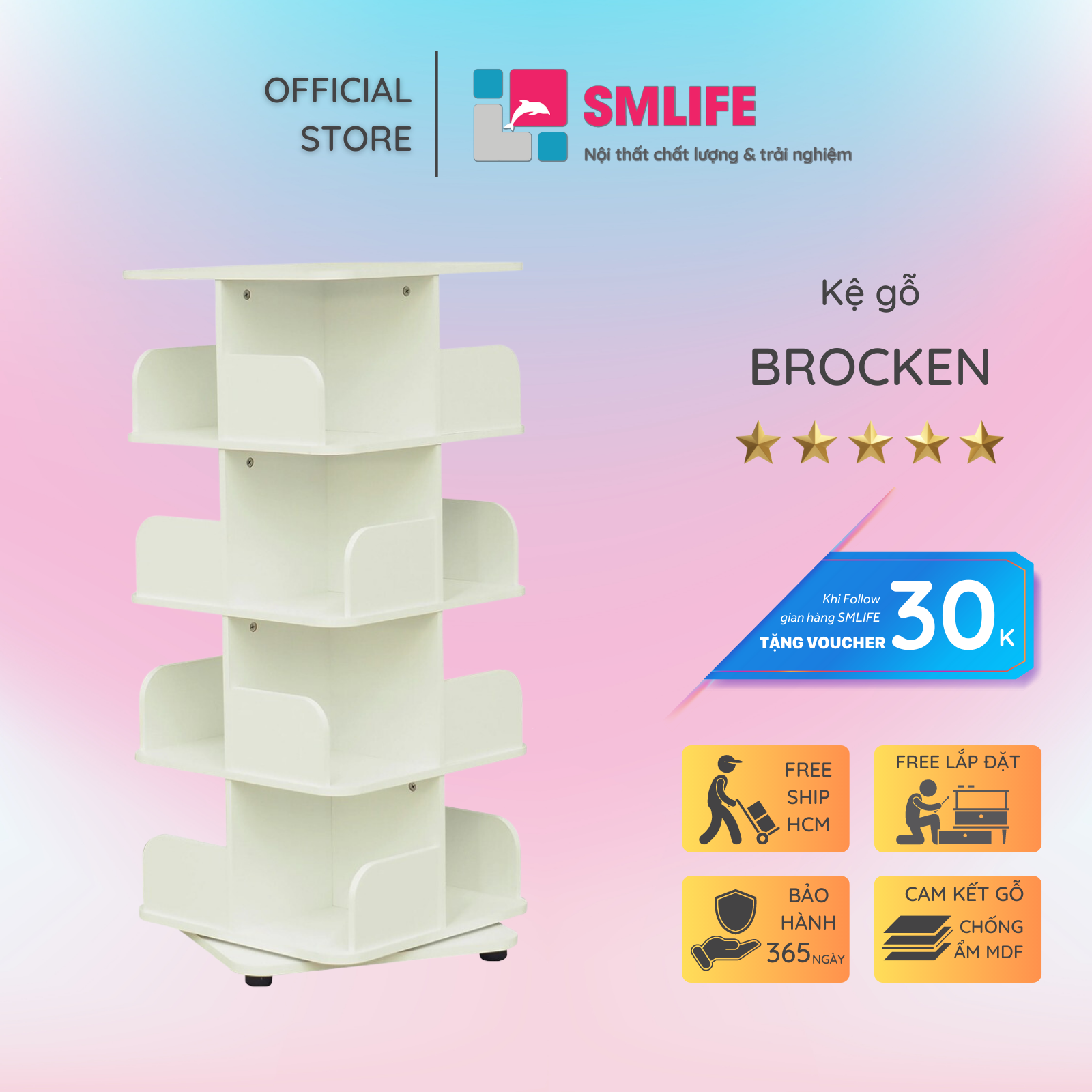 Kệ sách, kệ trang trí gỗ hiện đại SMLIFE Brocken  | Gỗ MDF dày 17mm chống ẩm | D45xR45xC110cm