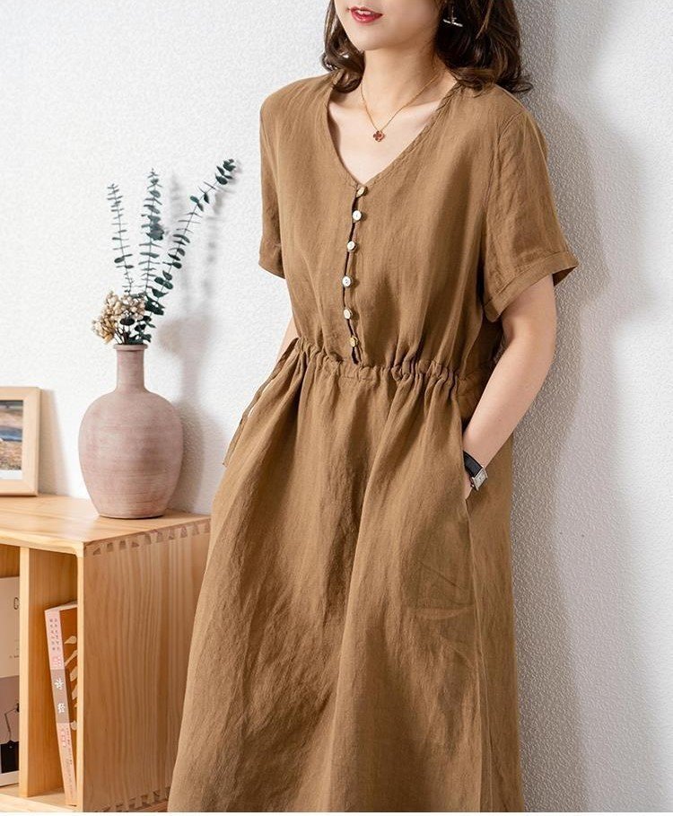 Đầm nữ cổ V phong cách Hàn Quốc thanh lịch, chất linen mát, dầm có túi siêu xinh NH173 nâu