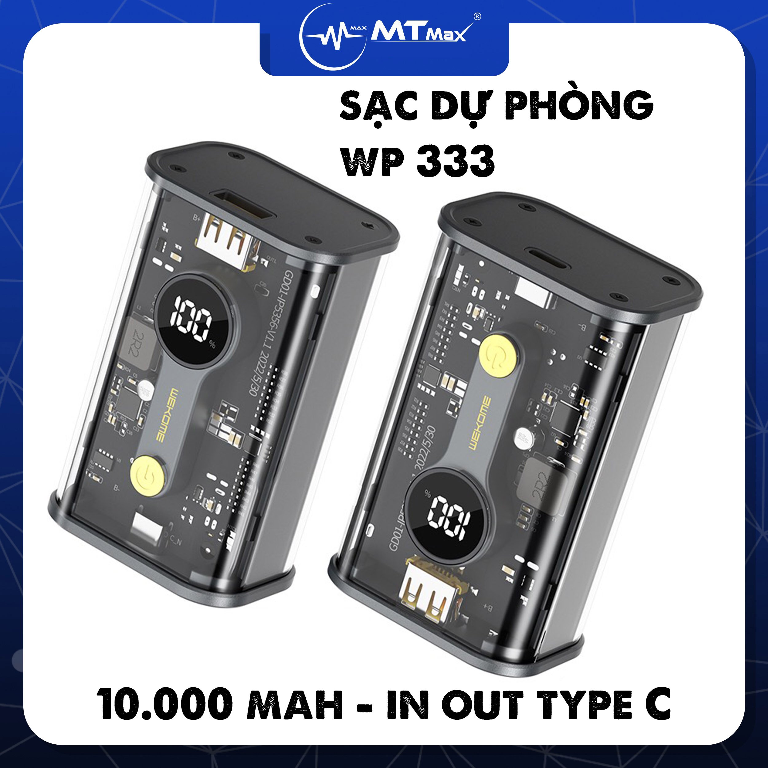 Sạc dự phòng trong sup6t1 WEKOME WP 333 dung lượng 10000mah hỗ trợ sạc nhanh 20W màn hình led hiển thị phần trăm pin cực sang hàng nhập khẩu