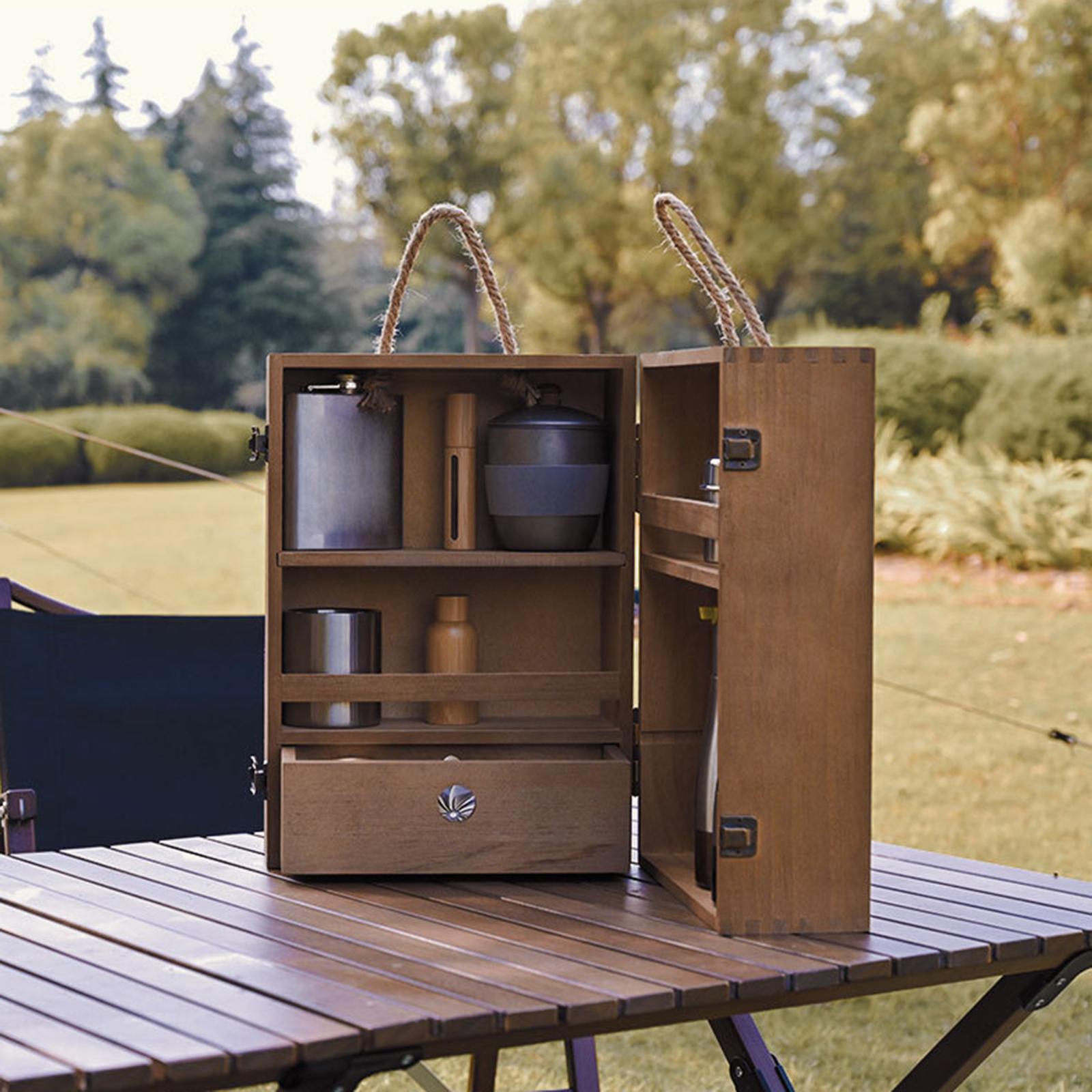 Outdoor Wood Camping Condiment Storage Box BBQ Travel Oil Bottle Spices Container Seasoning Tin Organizer Case