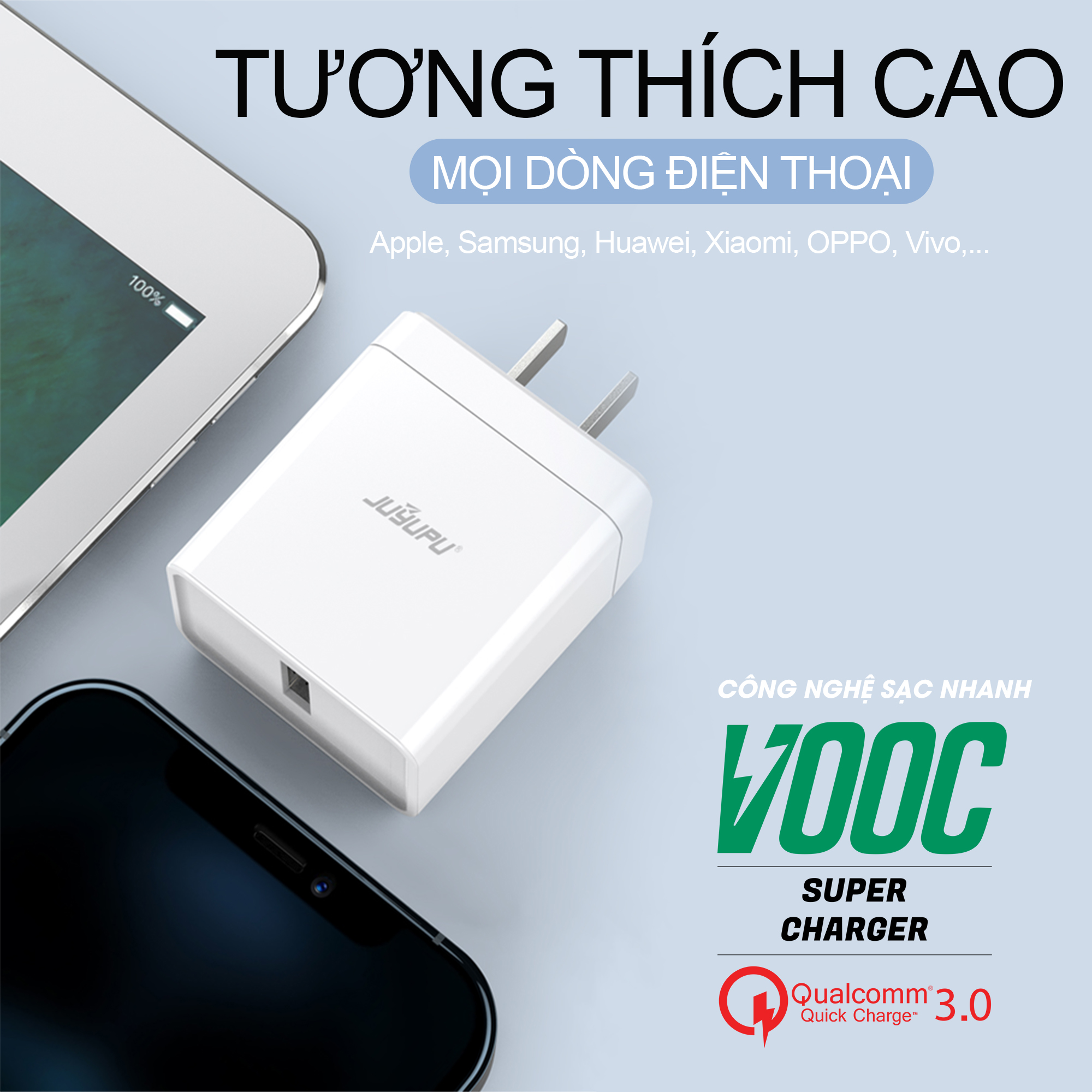 Sạc nhanh JUYUPU Q1 QC3.0 18W bộ sạc điện thoại cao cấp kèm dây cáp sạc Micro Type C dành cho Samsung OPPO VIVO HUAWEI XIAOMI củ sạc - HÀNG CHÍNH HÃNG