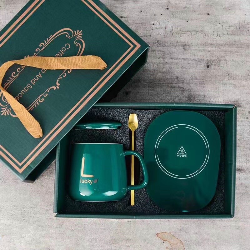 Cốc Hâm Nóng Đồ Uống Kèm Đế Điện, Bộ Ly Sứ Kèm Đế Điện Hâm Nóng Trà, Cafe, Hâm Sữa Kèm Thìa Vàng, Hộp Sang Trọng Giao Màu Ngẫu Nhiên