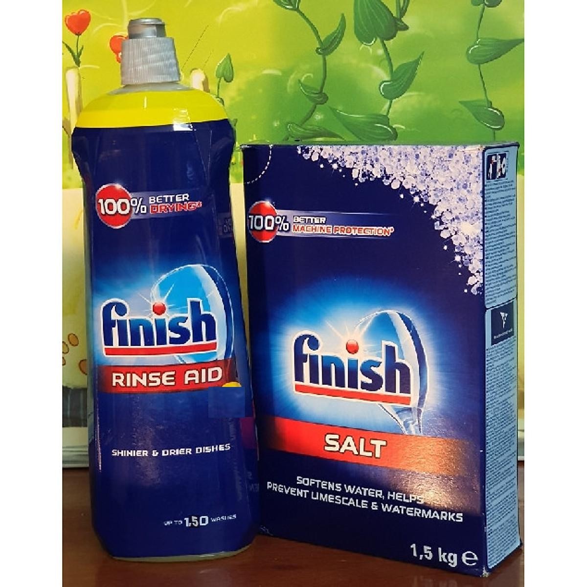 Combo Muối rửa bát finish 1.5kg + Nước làm bóng finish 750ml dùng cho Máy rửa bát chén ly